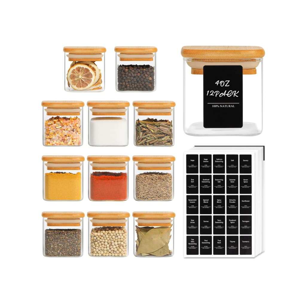 12 Stück Gewürzgläser Set Eckig mit Holzdeckel, 120ml quadratische Leere Gewürzflaschen mit 275 schwarzen Etiketten
