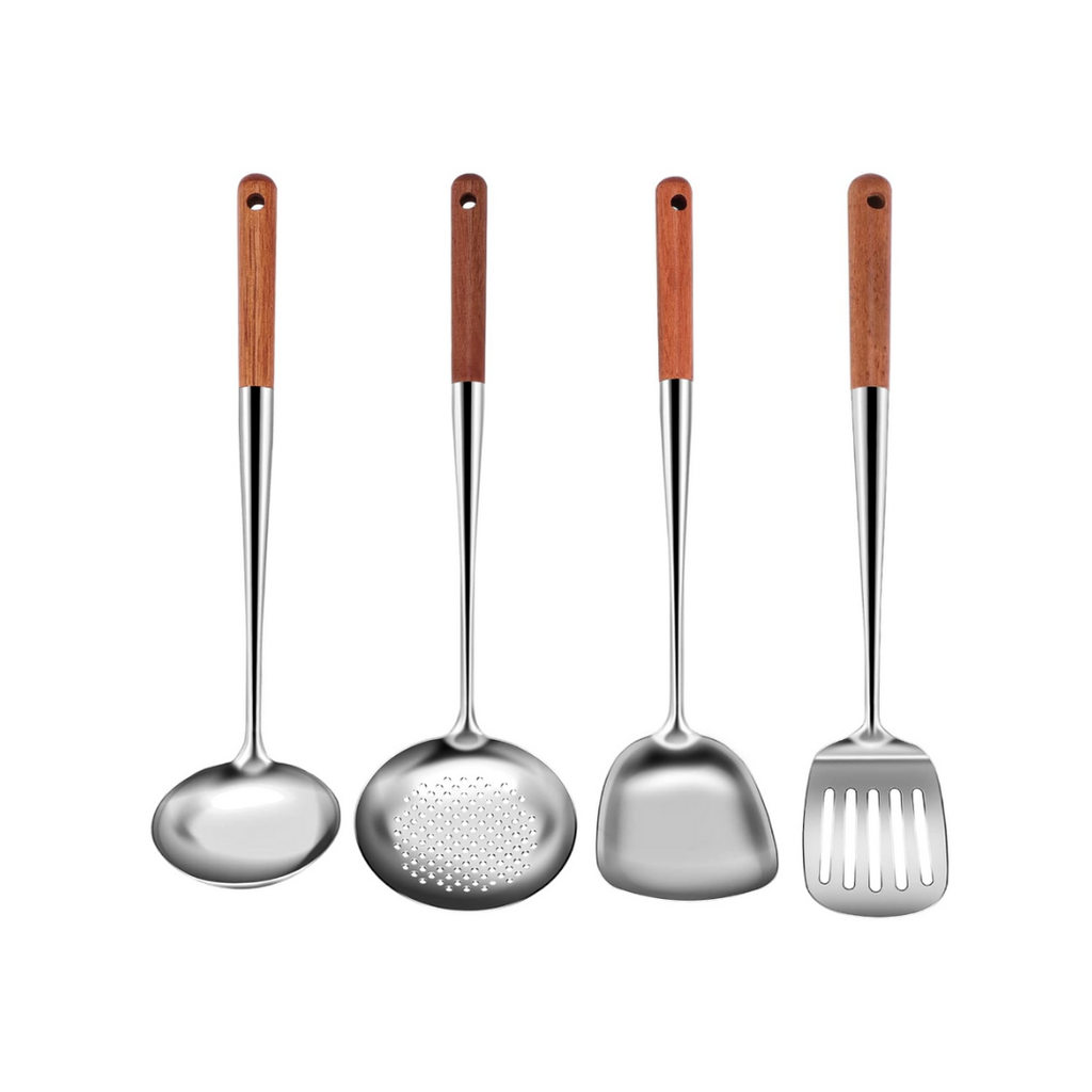 4 Stück Küchenhelfer Set Edelstahl,Wok Zubehör mit Holzgriff