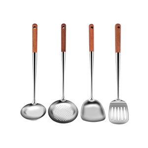 4 Stück Küchenhelfer Set Edelstahl,Wok Zubehör mit Holzgriff