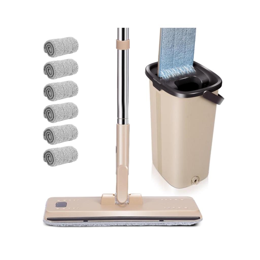 Bodenwischer mit Eimer Set, Putzeimer und Flacher Mopp Set mit Langem Griff aus Edelstahl und 6 Mikrofaser Wischpads