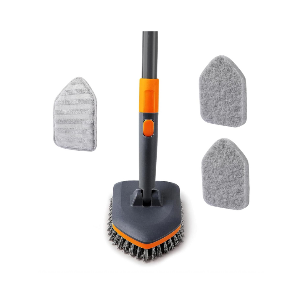 CLEANHOME Schrubber mit Stiel 4-in-1,Reinigungsbürste Bad,Enthält Schrubberbürste 2 Stück Schwammtuch und Mikrofasertücher