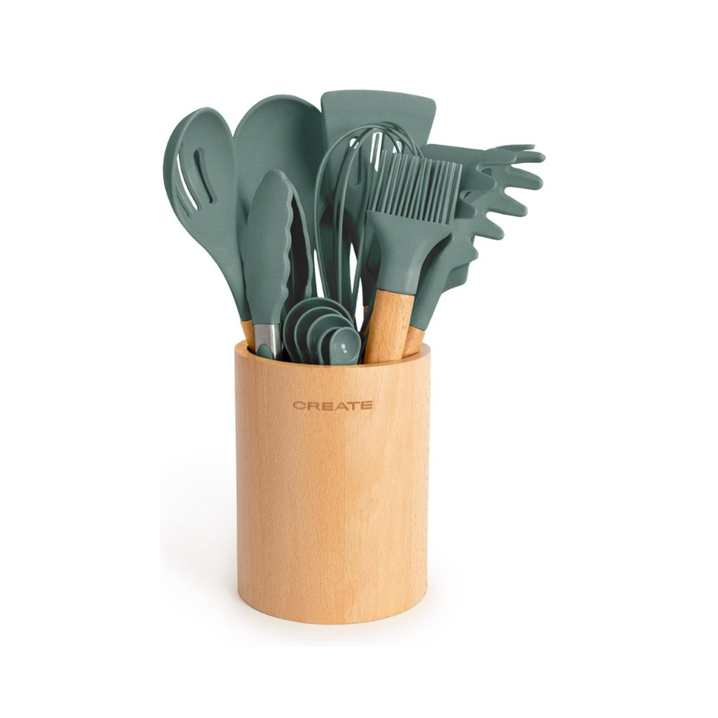 CREATE/Küchenutensilienset Grün-Sage und Holz / 11 Utensilien