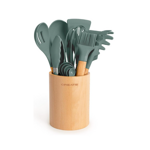 CREATE/Küchenutensilienset Grün-Sage und Holz / 11 Utensilien