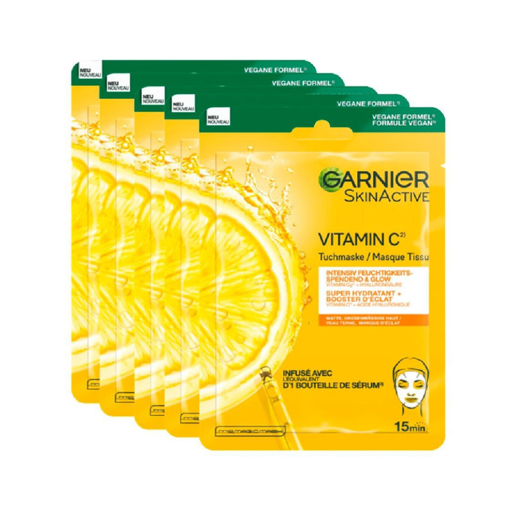 Garnier Feuchtigkeitsspendende Tuchmasken für sensible Haut, Mit Hyaluronsäure und Vitamin C, Für strahlende Haut und einen Glow-Effekt, SkinActive, 5 x 1 Masken