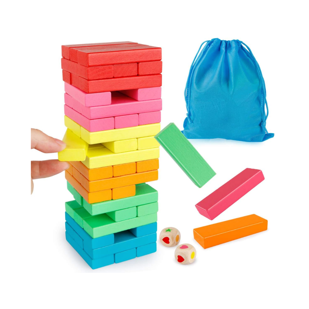 Holzblöcke Stapelspiel mit Aufbewahrungstasche, Bunte Toppling Tower Bausteine