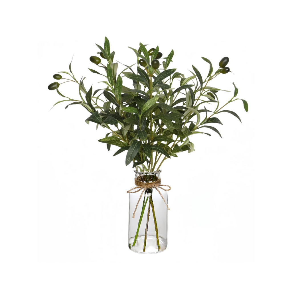 Künstliche Olivenzweig Zweige mit Glasvase, Künstlicher Pflanze Greenery Olive Zweige Faux