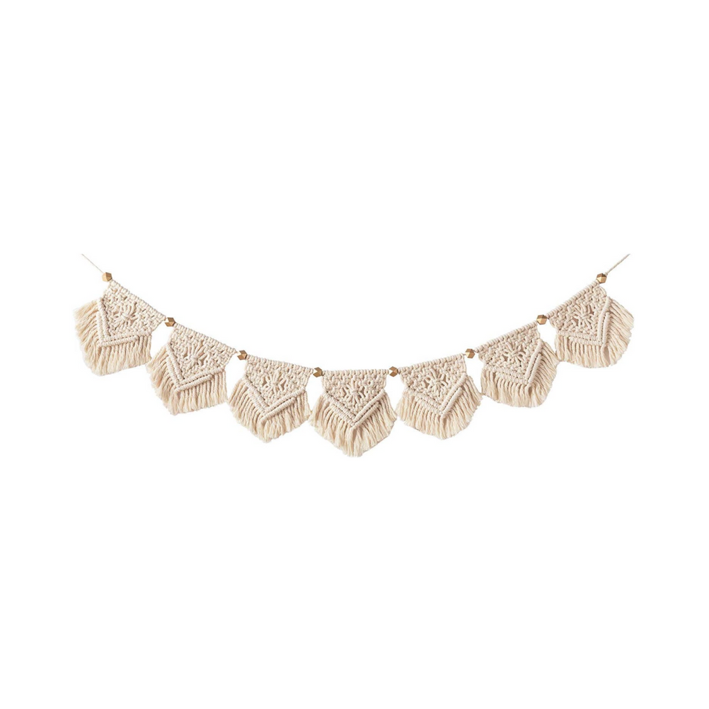 Mkouo Boho Deko Makramee Wandbehang Chic Tapisserie Gewebte Wanddeko Dekoration, 19cm (W) x 100cm (L), Baumwolle und Holz, Dreieckig, Beige