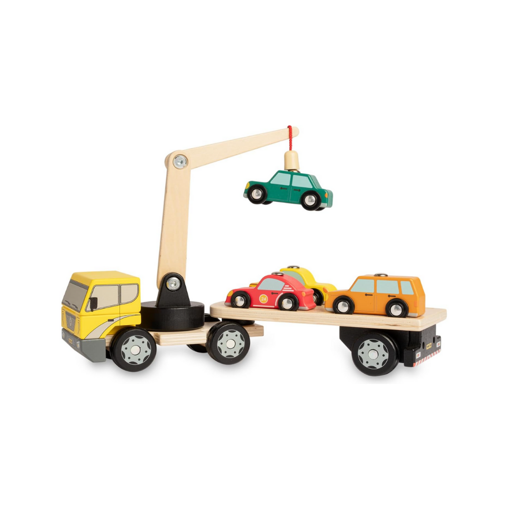 Nene Toys Autotransporter aus Holz mit Kran & 4 Magnet-Autos – Magnetspielzeug für Kinder ab 3 Jahren 