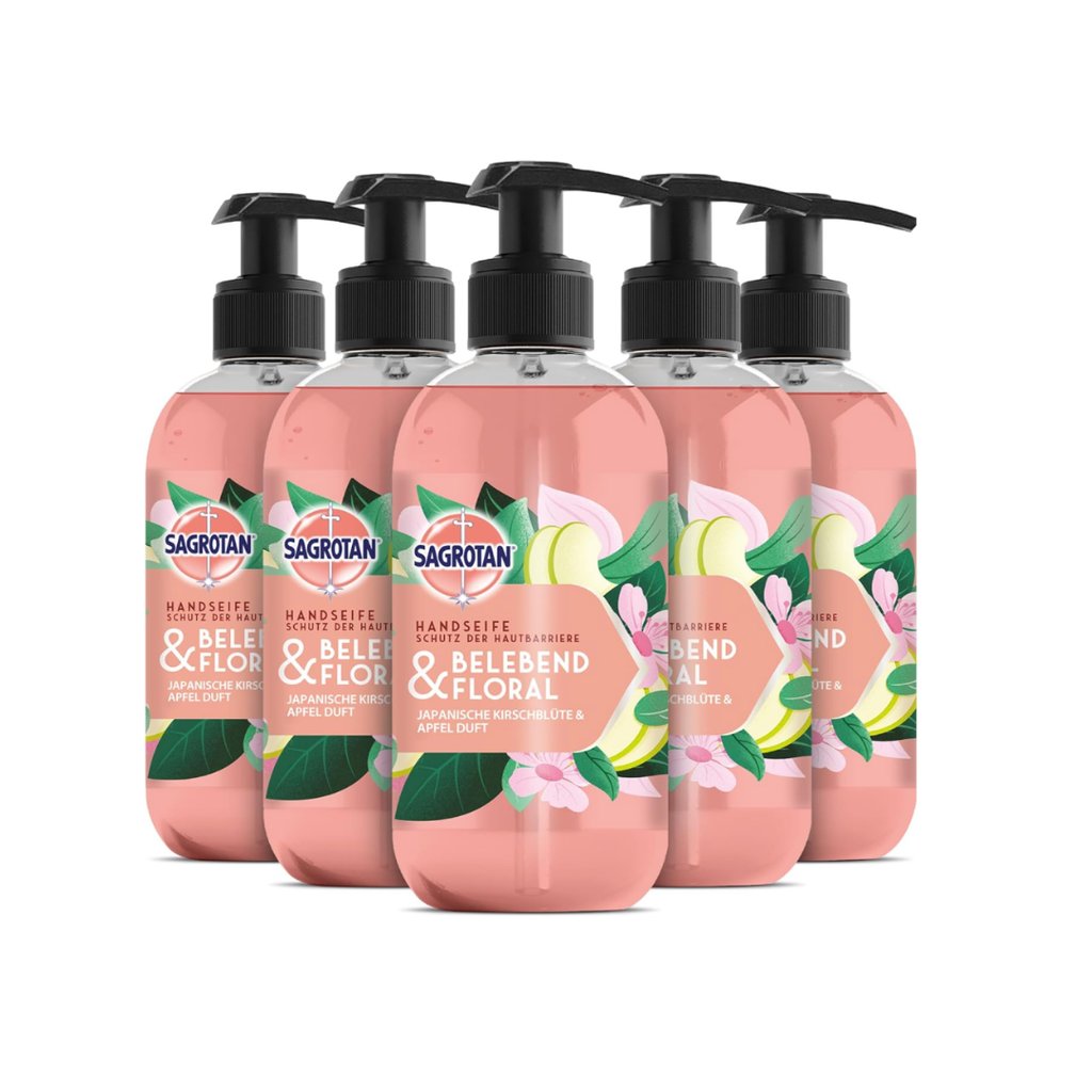 Sagrotan Hygieneseife Belebend und Floral – Feuchtigkeitsspendende Flüssigseife mit floralem Duf – 5 x 300 ml Handseife