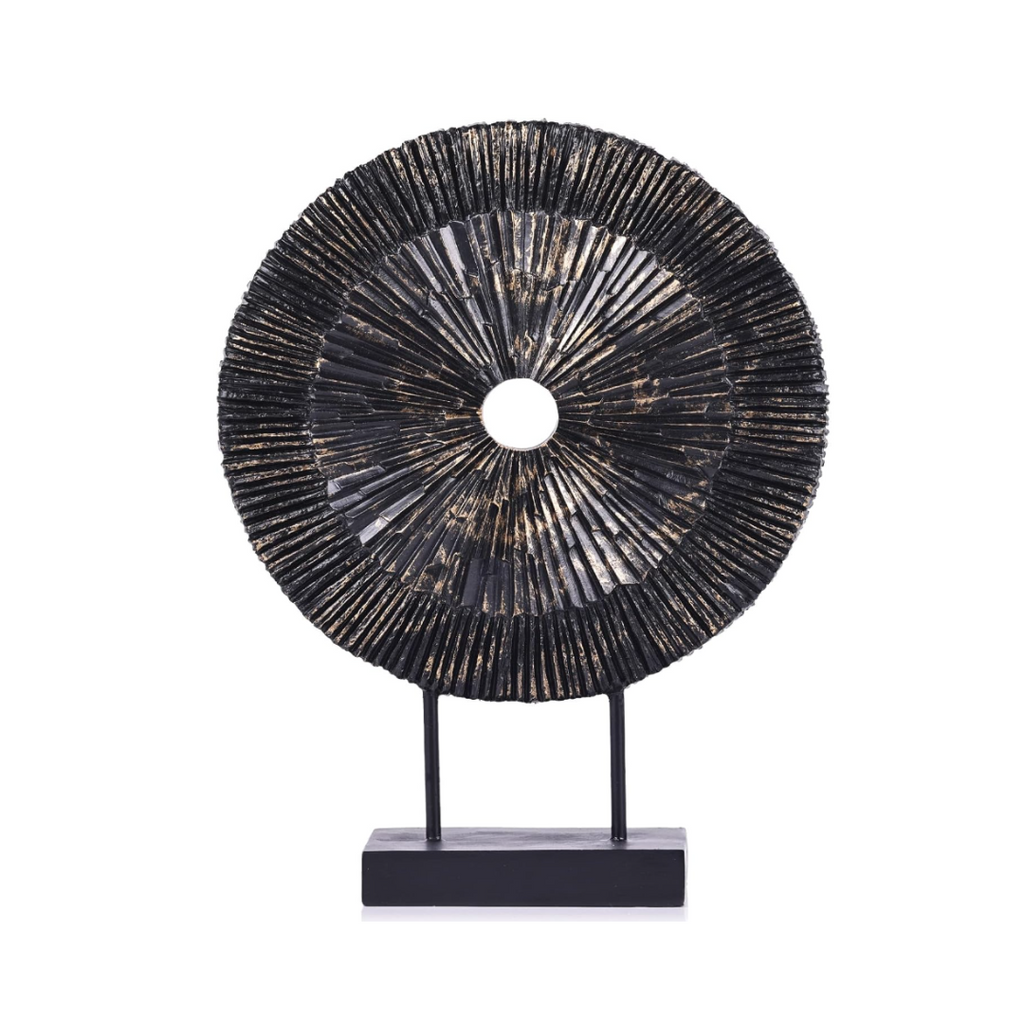 Schwarz-goldene Heimdekor-Skulptur, kreisförmige Linie, abstraktes einzigartiges Design, Statue für Wohnzimmer, Kamin, Regal, Büro, Konsole, Esstisch, Tafelaufsatz (Schwarz-Gold)