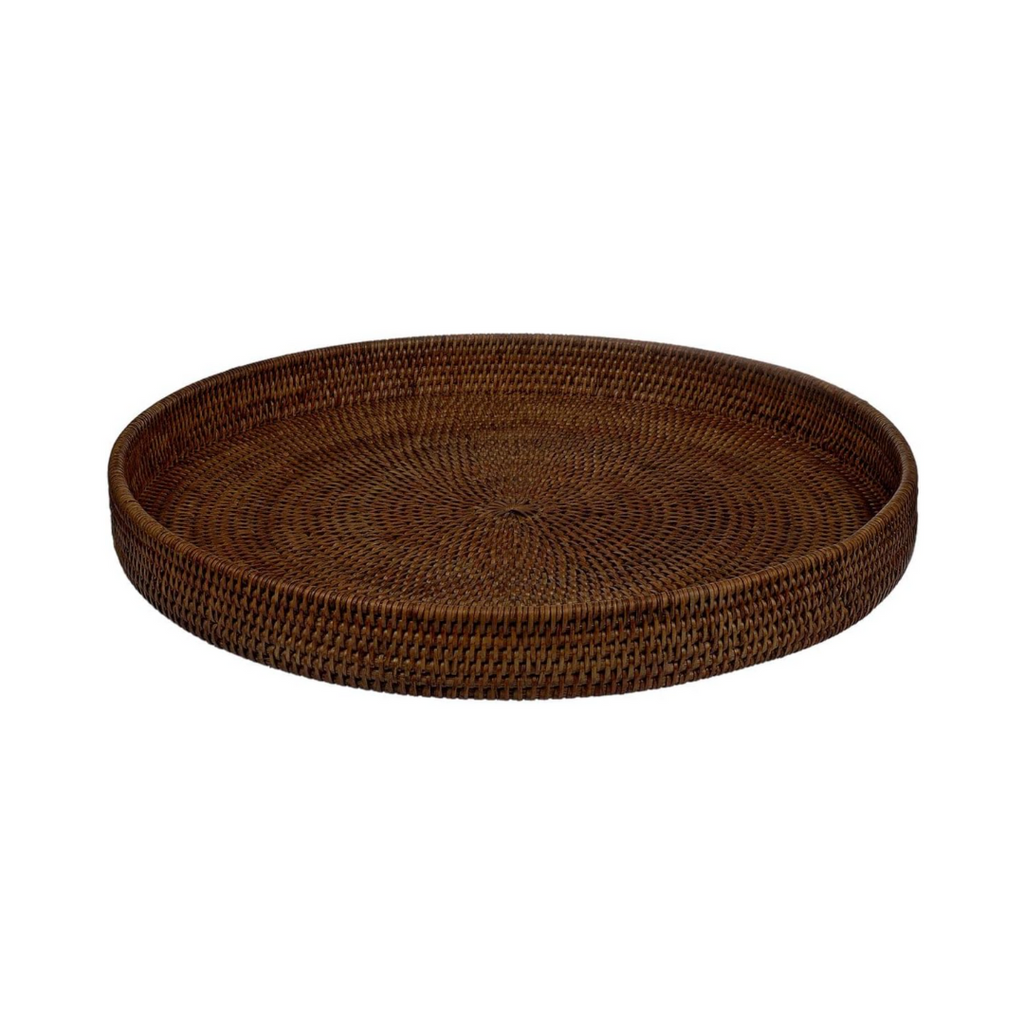 Tablett Rattan Rund Ø 48 cm - großes rundes Serviertablett/Dekotablett aus geflochtenem Rattan - handgefertigt (Dark Mokka