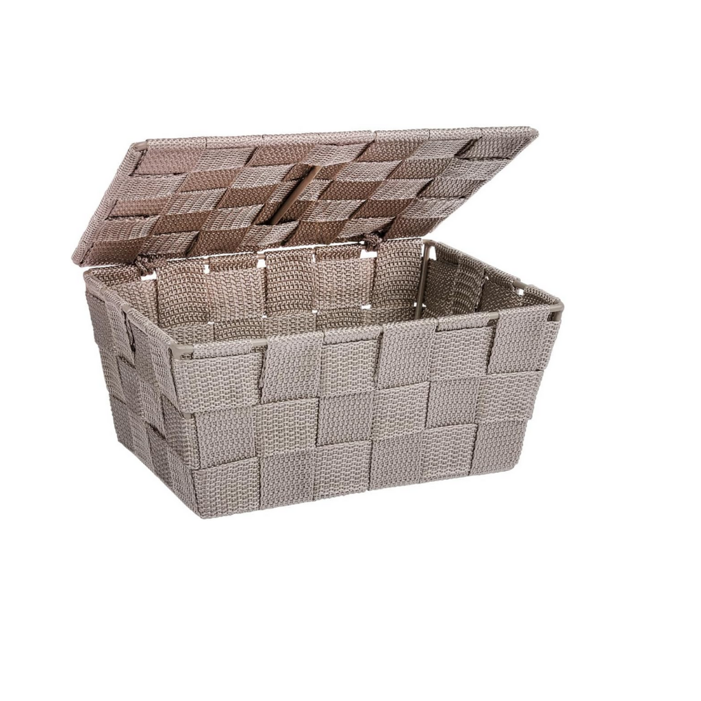 WENKO Aufbewahrungskorb mit Deckel Adria Taupe - Badkorb mit Deckel, Polypropylen, 19 x 10 x 14 cm, Taupe