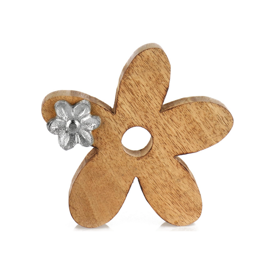 com-four® Deko-Aufsteller Blume - Premium Deko-Blume aus Mangoholz - Holz-Blume mit Kleiner Metall-Blume zum Hinstellen und Verschenken (1 Stück - Blume)