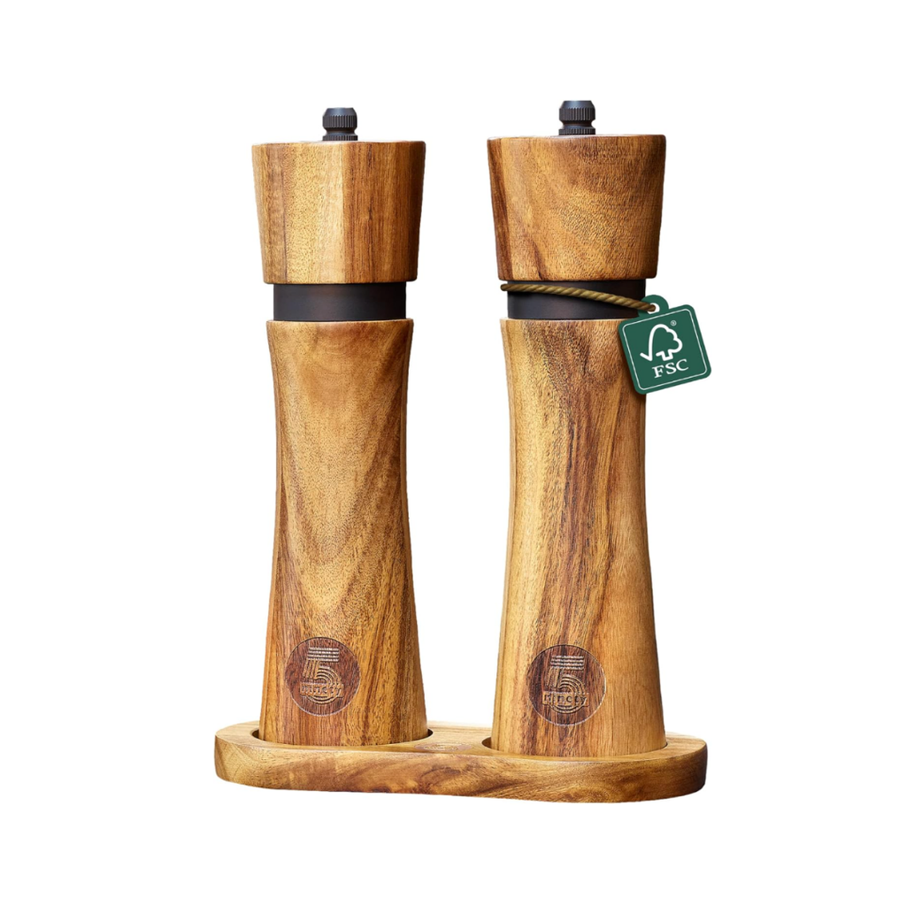 edles Pfeffermühlen Set aus Holz | Salz und Pfeffermühle + Untersetzer und Einfülllöffel aus Akazienholz